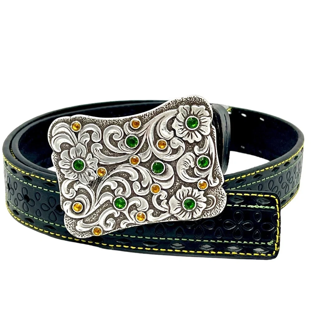 John Deere women's Black Embossed Leather Belt with Rhinestone Buckle sz XL NWOT